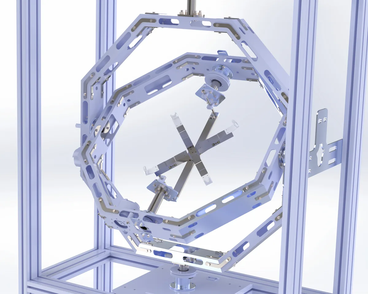 INFINITE-HIL X1 3-axis UAV test rig with concentric roll, pitch and yaw rings and central UAV mounting structure