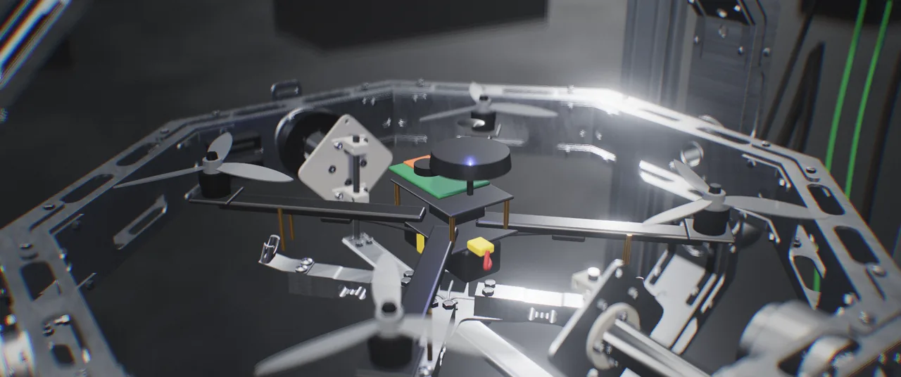 Test-UAV, mit einer Sondervorrichtung im INFINITE-HIL X1 befestigt